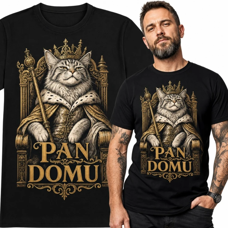 Koszulka męska kot król na tronie „Pan domu”