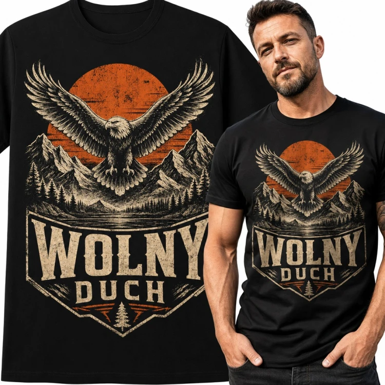 Koszulka męska „Wolny duch” - orzeł nad górami i słońcem