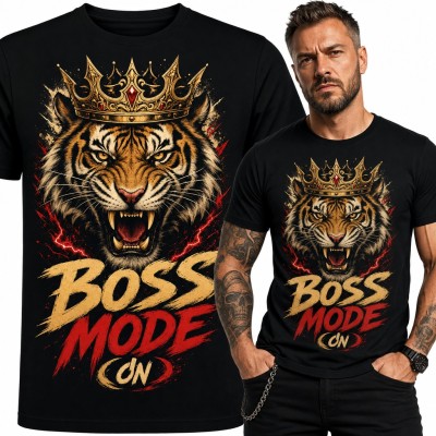 Koszulka męska „Boss Mode On” - ryczący tygrys w złotej koronie