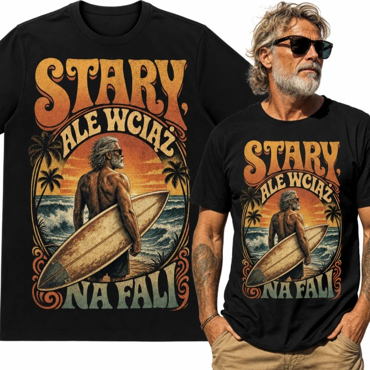 Koszulka męska „Stary, ale wciąż na fali” - surfer z deską w stylu retro