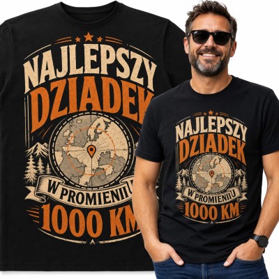 Koszulka męska „Najlepszy dziadek w promieniu 1000 km” - mapa z pinezką na Dzień Dziadka