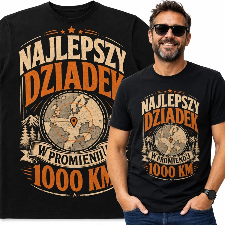 Koszulka męska „Najlepszy dziadek w promieniu 1000 km” - mapa z pinezką na Dzień Dziadka