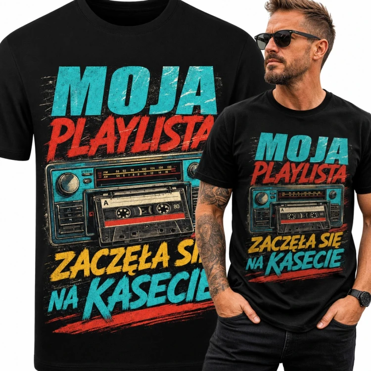 Koszulka męska z kasetą i radiomagnetofonem retro „Moja playlista zaczęła się na kasecie” dla melomana