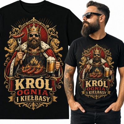 Koszulka męska „Król ognia i kiełbasy” - brodaty król grilla z piwem dla grillowicza