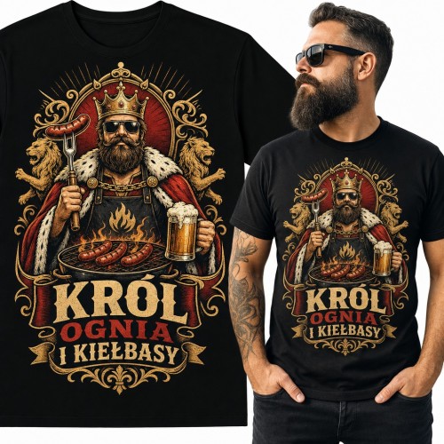 Koszulka męska „Król ognia i kiełbasy” - brodaty król grilla z piwem dla grillowicza