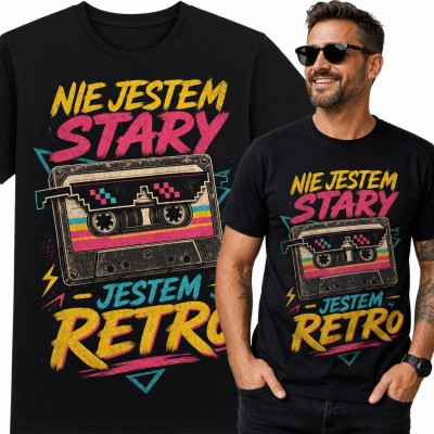 Koszulka męska „Nie jestem stary - jestem retro” z kasetą w pikselowych okularach