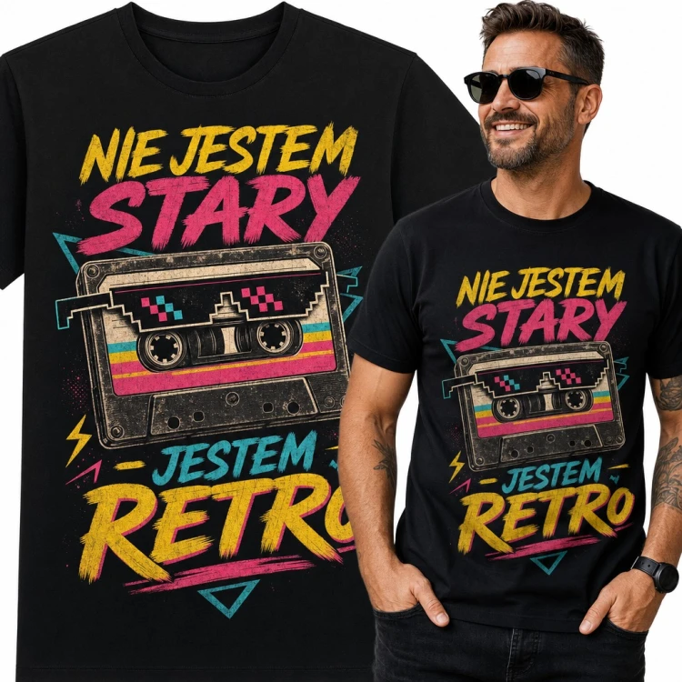 Koszulka męska „Nie jestem stary - jestem retro” z kasetą w pikselowych okularach
