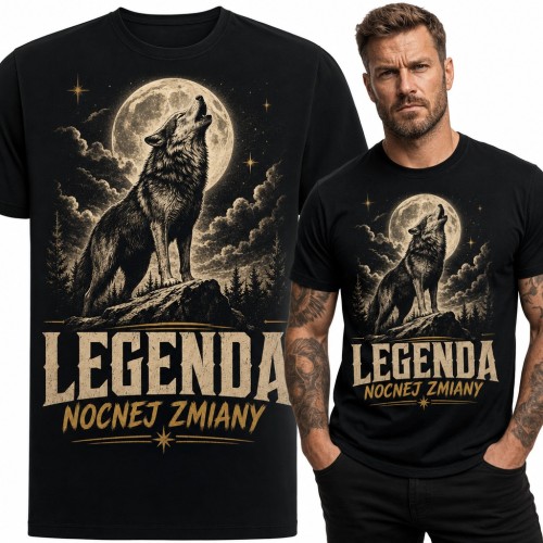 Koszulka męska z wyjącym wilkiem i napisem „Legenda nocnej zmiany”