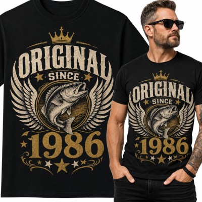 Koszulka męska na 40 urodziny dla wędkarza „Original since 1986” z okoniem