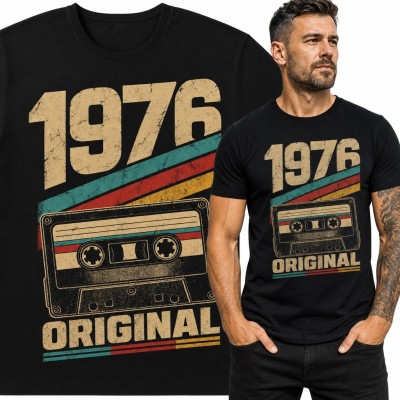 Koszulka męska na 50 urodziny „1976 Original” z kasetą magnetofonową retro