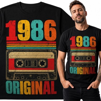 Koszulka męska „1986 Original” z retro kasetą na 40 urodziny