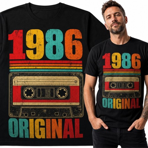 Koszulka męska „1986 Original” z retro kasetą na 40 urodziny