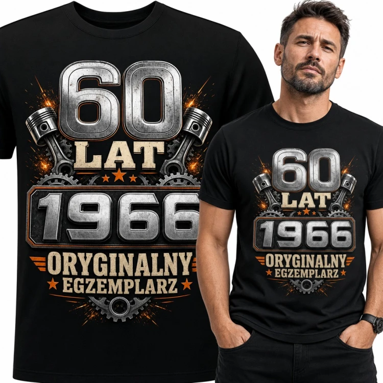 Koszulka męska „60 lat 1966 oryginalny egzemplarz” na 60 urodziny z tłokami