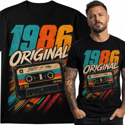 Koszulka męska na 40 urodziny „1986 Original” z retro kasetą