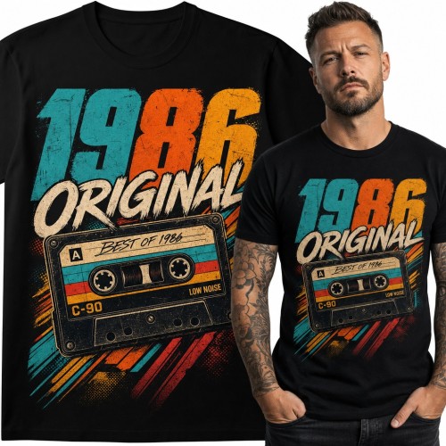 Koszulka męska na 40 urodziny „1986 Original” z retro kasetą