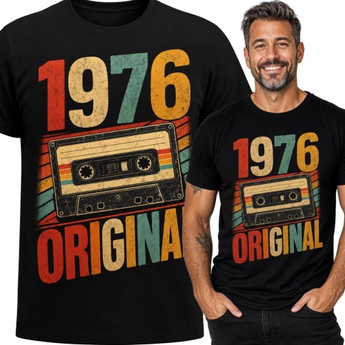 Koszulka męska na 50 urodziny „1976 Original” z retro kasetą