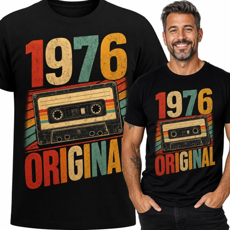 Koszulka męska na 50 urodziny „1976 Original” z retro kasetą