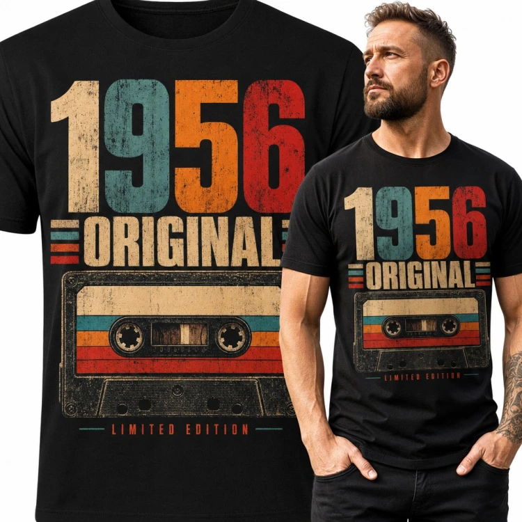 Koszulka męska na 70 urodziny „1956 Original” z retro kasetą