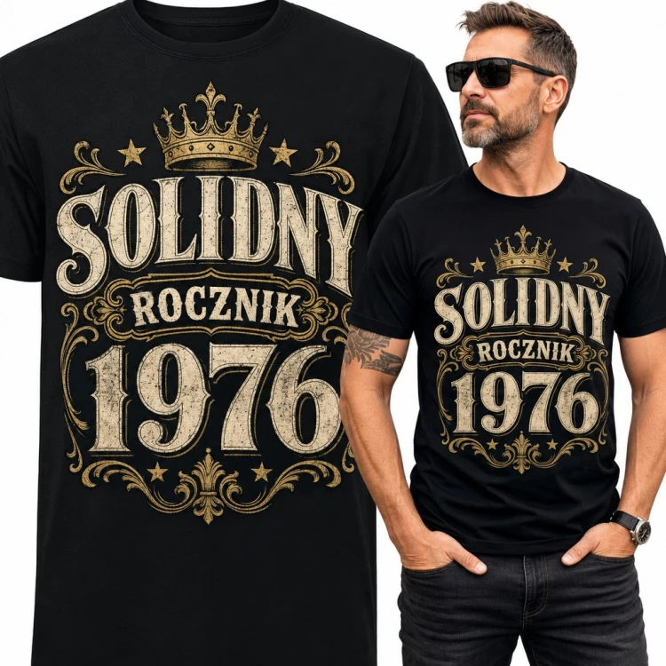 Koszulka męska na 50 urodziny z koroną „Solidny rocznik 1976”
