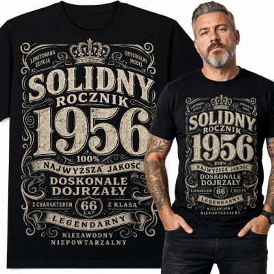 Koszulka męska „Solidny rocznik 1956” na 66 urodziny - etykieta vintage z koroną