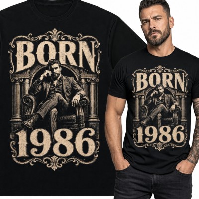Koszulka męska na 40 urodziny „Born 1986” - dżentelmen na fotelu