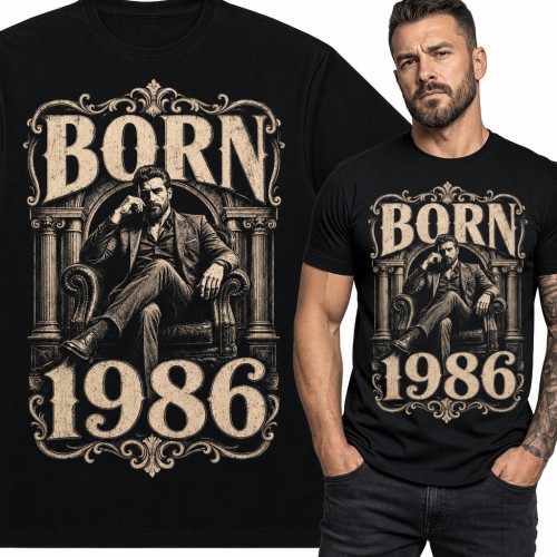 Koszulka męska na 40 urodziny „Born 1986” - dżentelmen na fotelu