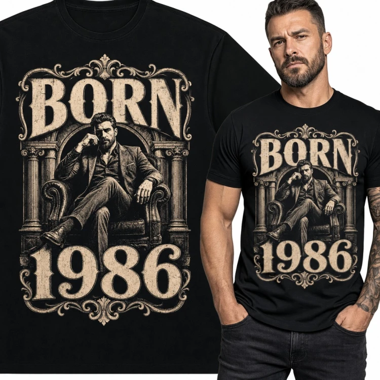 Koszulka męska na 40 urodziny „Born 1986” - dżentelmen na fotelu