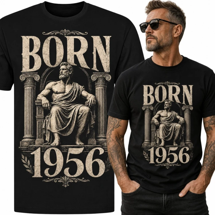 Koszulka męska na 70 urodziny „Born 1956” - antyczny posąg na tronie