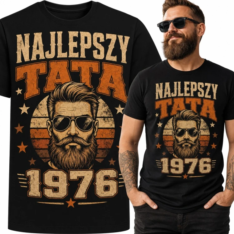 Koszulka męska na 50 urodziny „Najlepszy Tata 1976” - brodacz w okularach retro