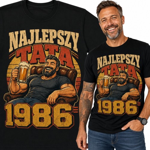 Koszulka męska na 40 urodziny „Najlepszy tata 1986” - brodacz z piwem w fotelu