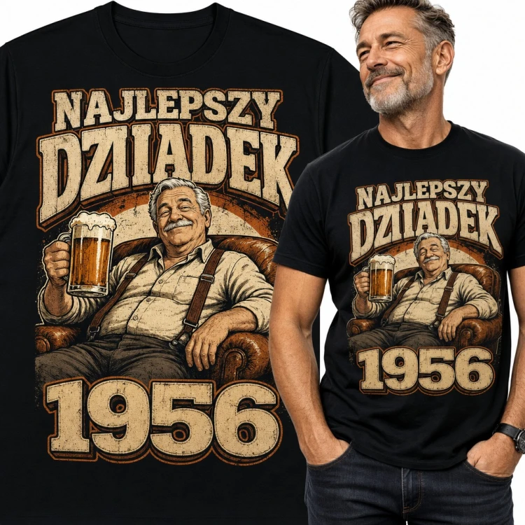 Koszulka męska „Najlepszy dziadek 1956” - na 70 urodziny z kuflem piwa