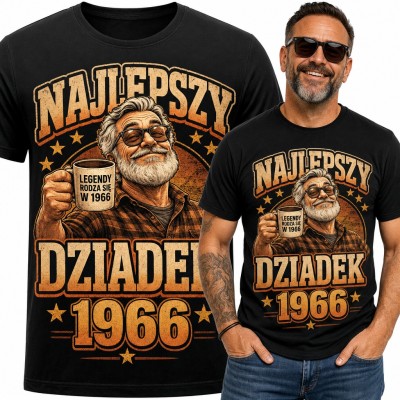 Koszulka męska „Najlepszy dziadek 1966” na 60 urodziny z kubkiem kawy