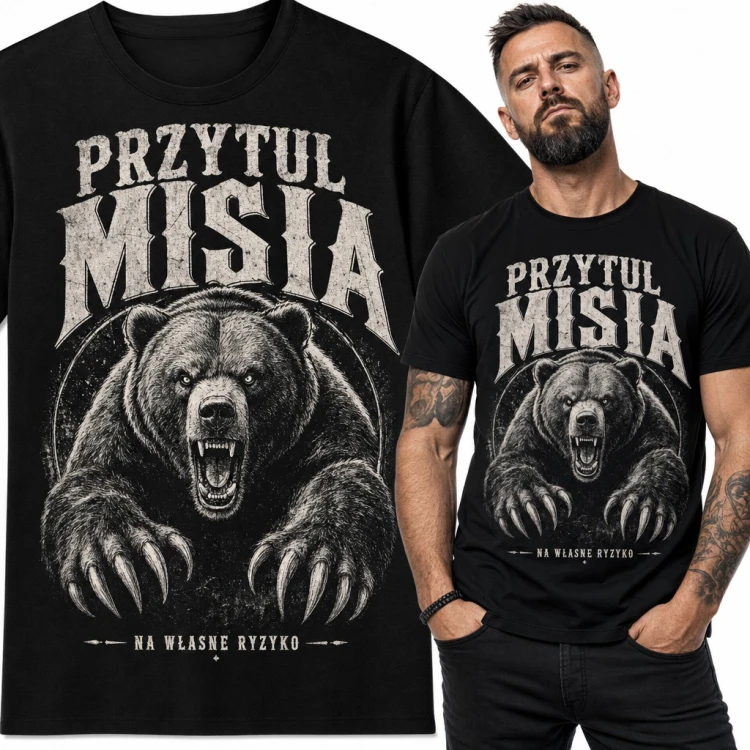 Koszulka męska „Przytul misia” - groźny niedźwiedź grizzly z pazurami