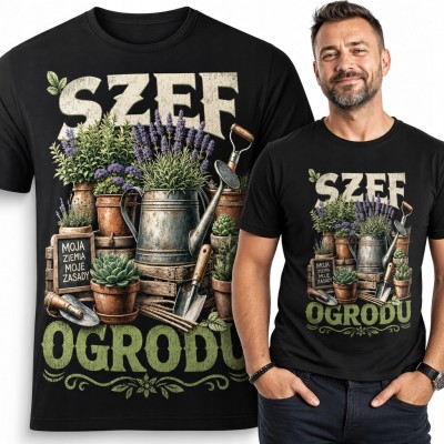 Koszulka męska dla ogrodnika „Szef ogrodu” - rustykalny nadruk