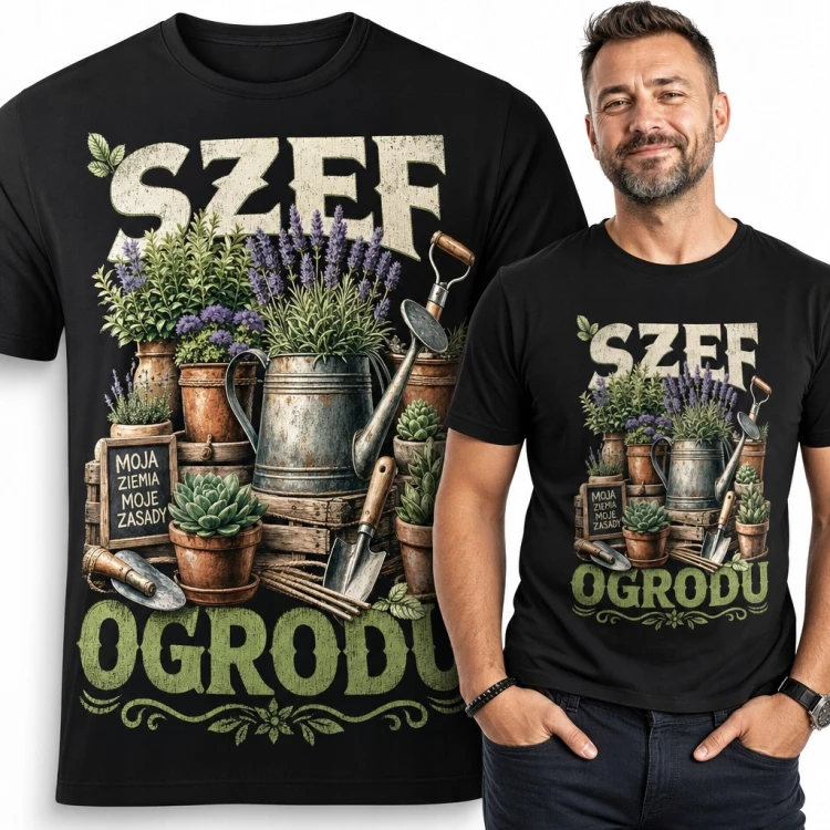 Koszulka męska dla ogrodnika „Szef ogrodu” - rustykalny nadruk