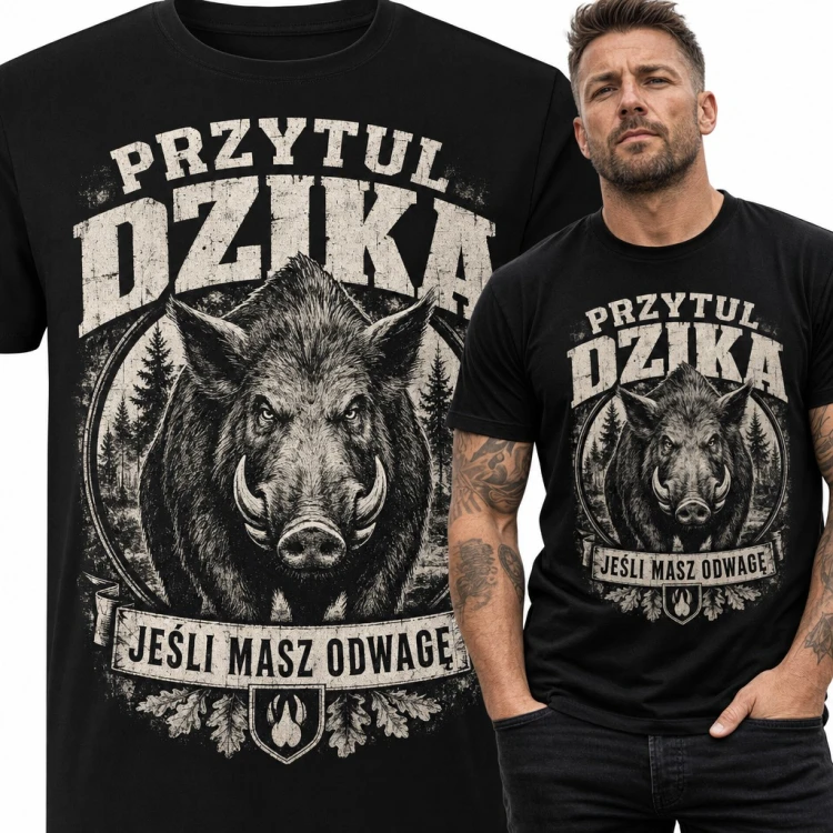 Koszulka męska „Przytul dzika jeśli masz odwagę” - groźny odyniec w lesie dla myśliwego