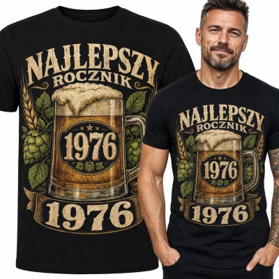 Koszulka męska na 50 urodziny „Najlepszy rocznik 1976” z kuflem piwa
