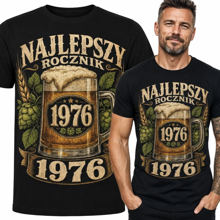 Koszulka męska na 50 urodziny „Najlepszy rocznik 1976” z kuflem piwa