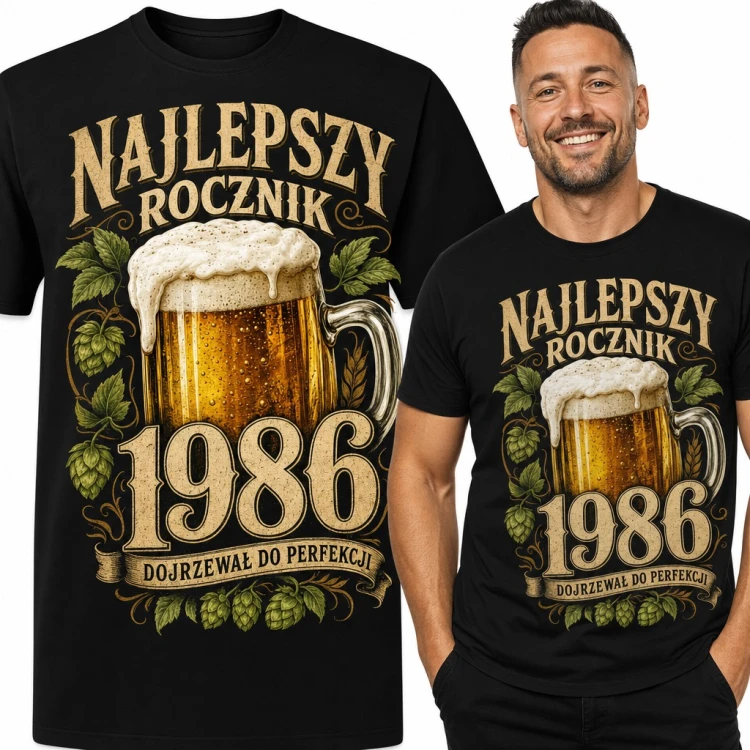 Koszulka męska na 40 urodziny „Najlepszy rocznik 1986 dojrzewał do perfekcji” z kuflem piwa
