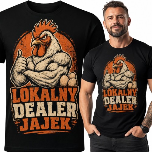 Koszulka męska z umięśnionym kogutem „Lokalny dealer jajek” - dla hodowcy kur