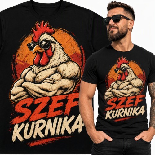 Koszulka męska „Szef kurnika” z umięśnionym kogutem w okularach