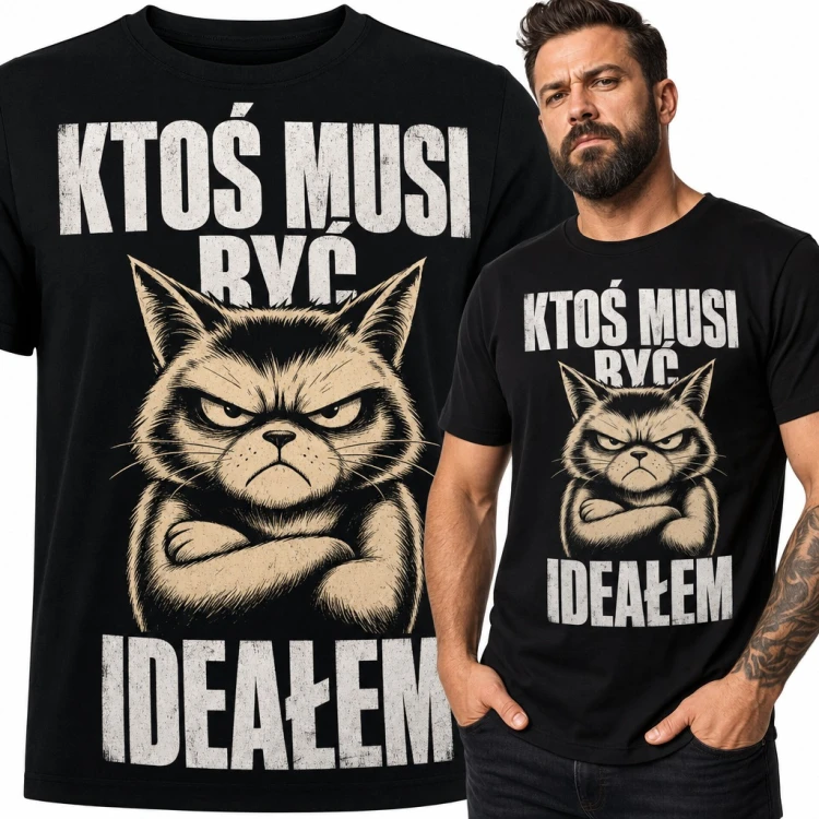 Koszulka męska „Ktoś musi być ideałem” - zrzędliwy kot ze skrzyżowanymi łapami