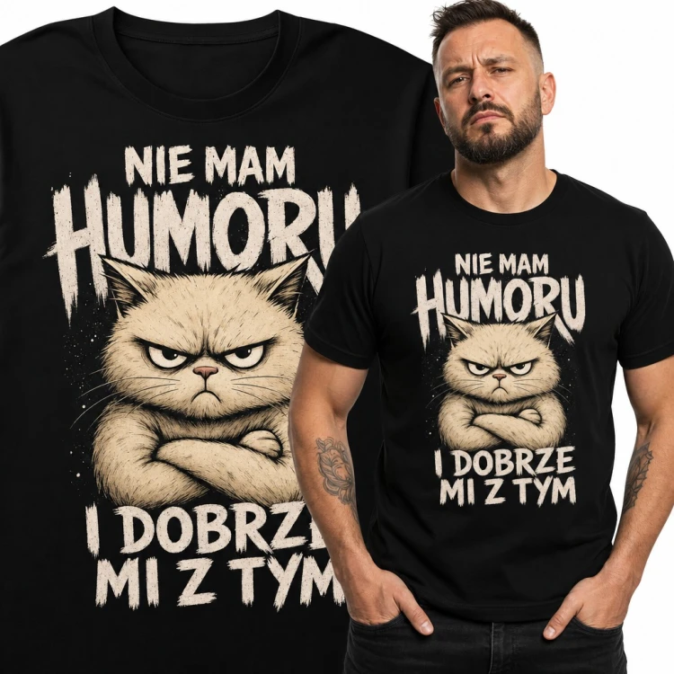 Koszulka męska z naburmuszonym kotem „Nie mam humoru i dobrze mi z tym” - dla marudy