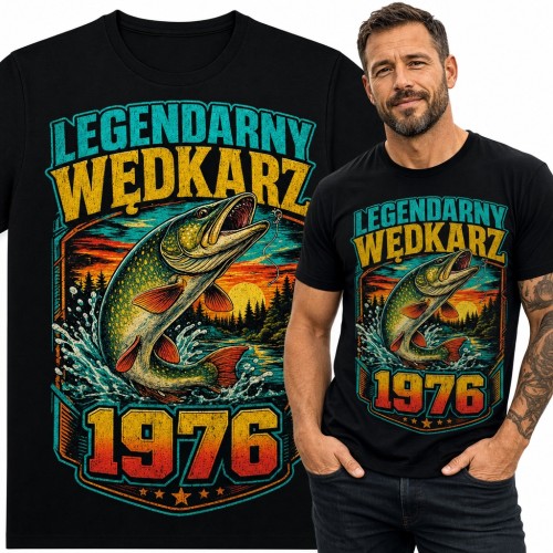 Koszulka męska na 50 urodziny „Legendarny wędkarz 1976” ze szczupakiem