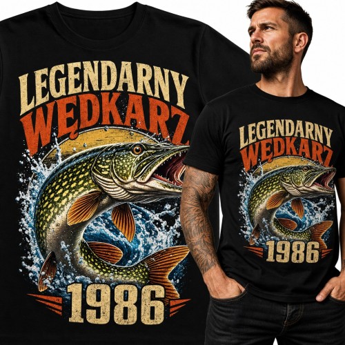Koszulka męska na 40 urodziny ze szczupakiem - „Legendarny wędkarz 1986”