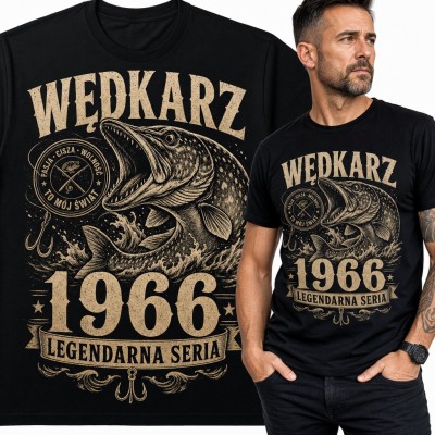 Koszulka męska na 60 urodziny dla wędkarza „Wędkarz 1966 legendarna seria” ze szczupakiem