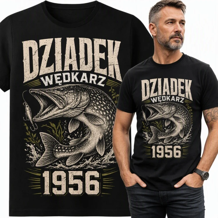 Koszulka męska „Dziadek wędkarz 1956” ze szczupakiem na 70 urodziny