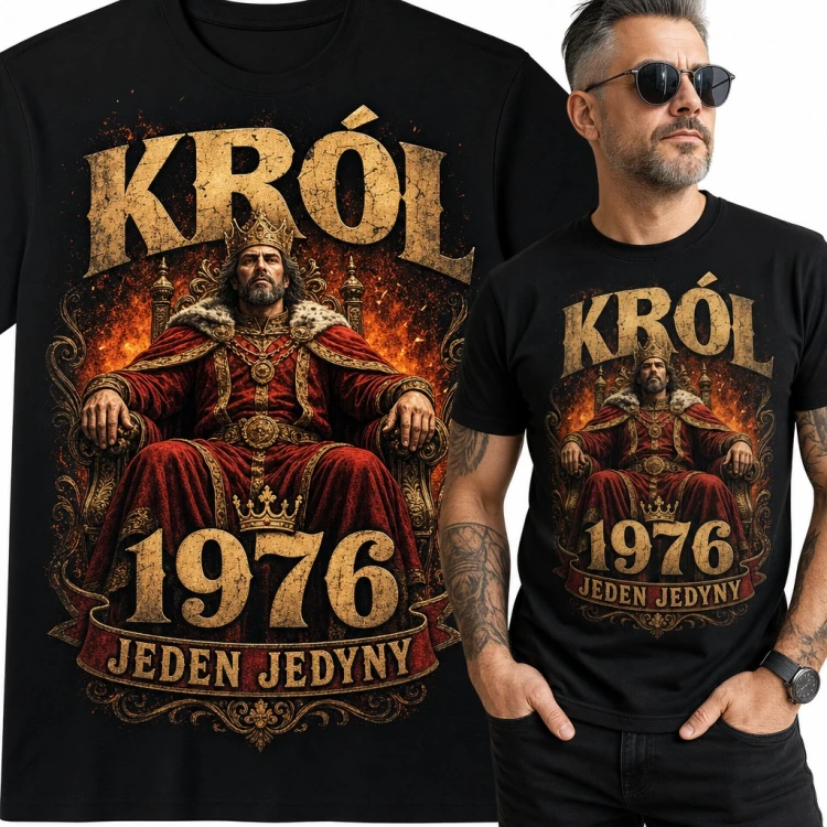 Koszulka męska na 50 urodziny „Król 1976 Jeden jedyny” - władca na tronie