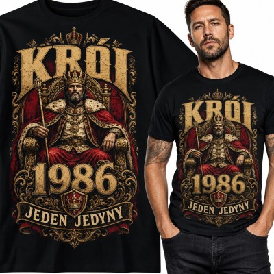 Koszulka męska na 40 urodziny „Król 1986 jeden jedyny” - władca na tronie