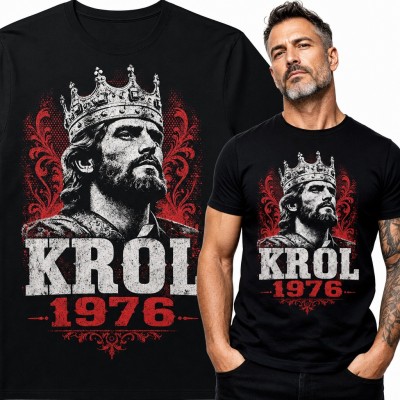 Koszulka męska na 50 urodziny „Król 1976” z brodatym władcą w koronie